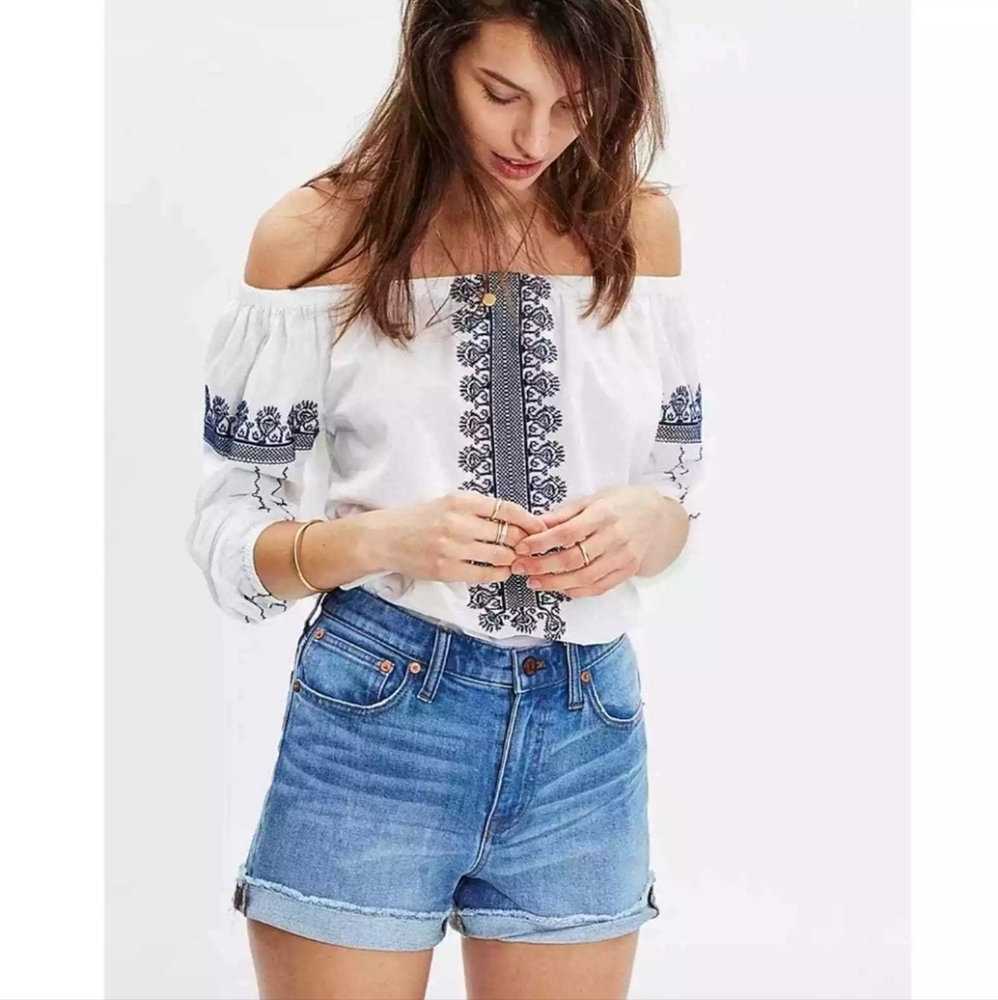 Madewell Folktale Off Shoulder Blouse in White / Navy